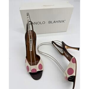 Vintage Manolo Blahnik Polka Dot Slingback Heels Canvas Brown Pink 38.5 Pinup